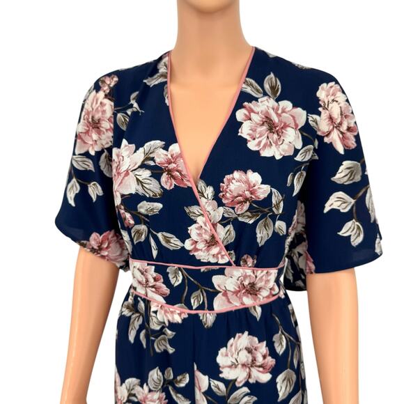 June & Hudson Jumpsuit Medium Navy Pink Cropped Wide Leg Dolman Sleeve - Picture 2 of 11